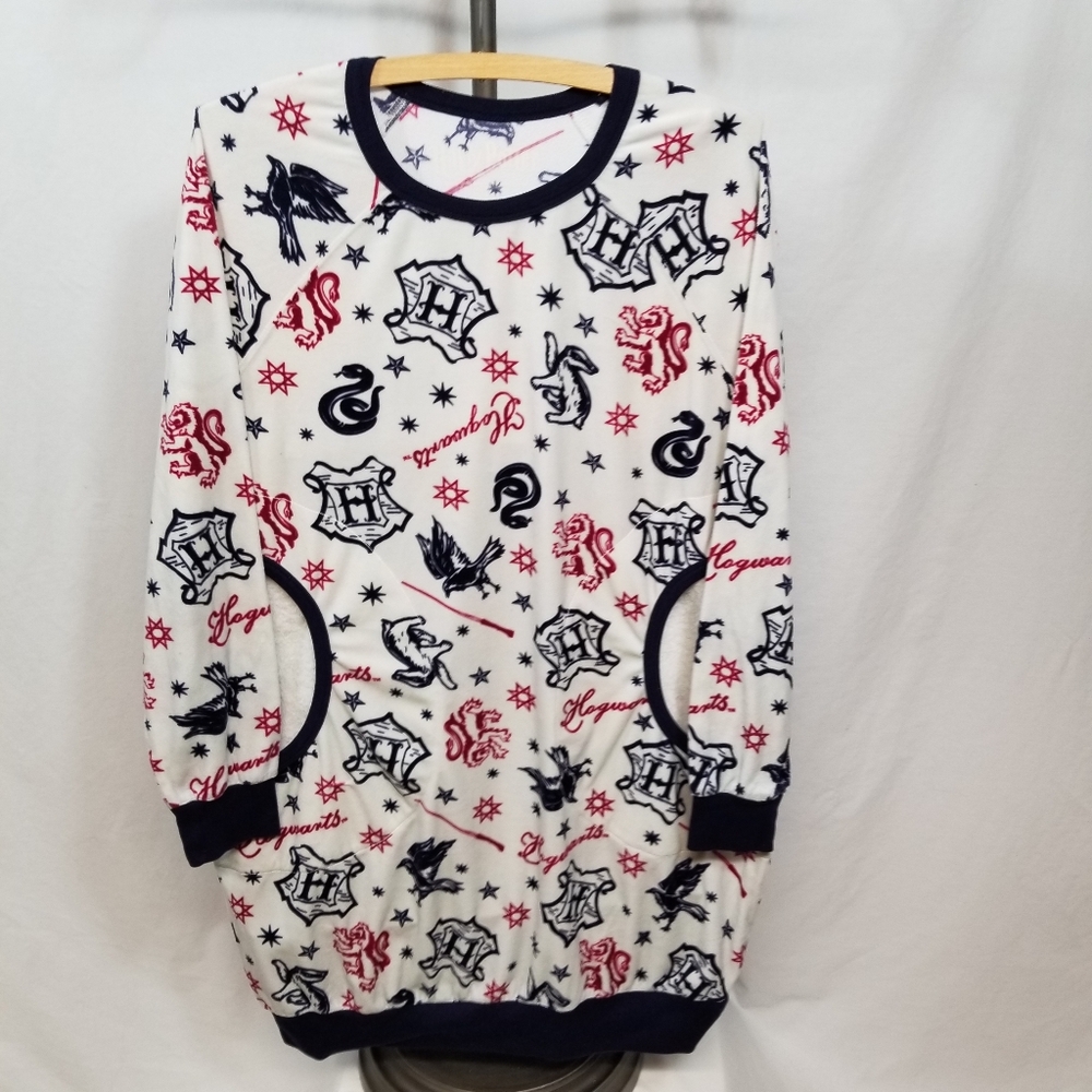 Harry Potter White Navy Women's Hagwarts Ultra Fleece Night Sleep Shirt Medium